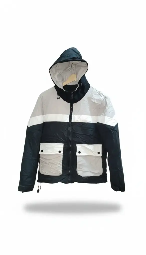 Retro Blockbuster: Hooded Black, White & Grey Puffer Jacket