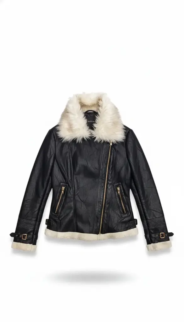 Aviator Edge: Black Faux Leather Shearling Moto Jacket