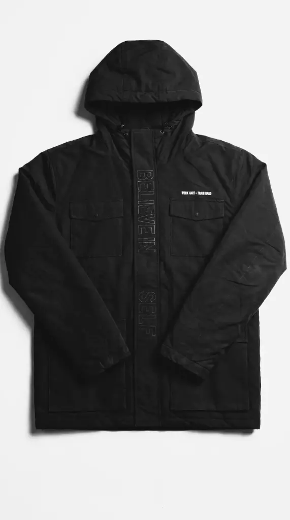 Motivation Mode: Black Hooded Parka with "BELIEVE IN YOURSELF" Text