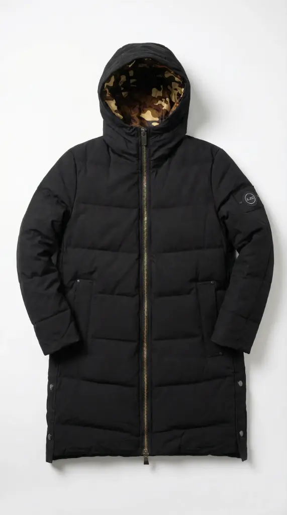 Stealth Warmth: Long Black Puffer Coat with Camo Hood Lining