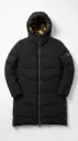 Stealth Warmth: Long Black Puffer Coat with Camo Hood Lining