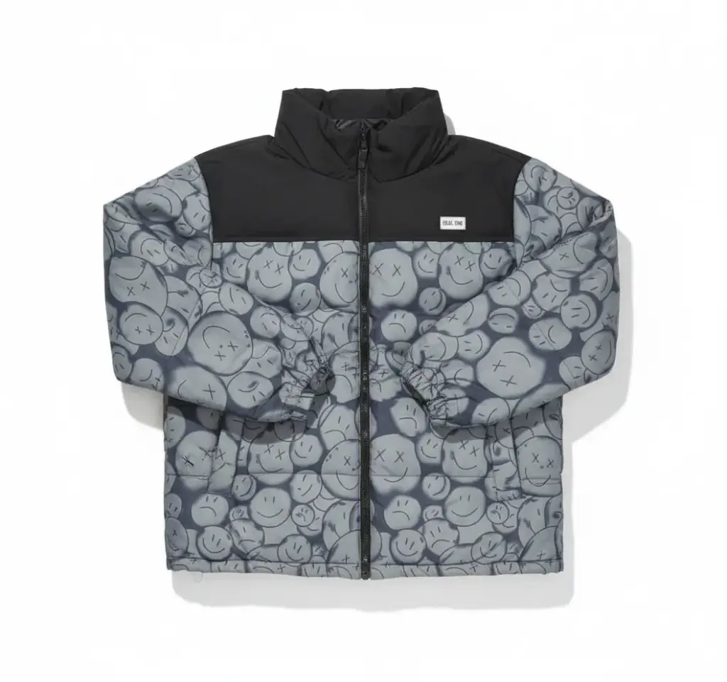 Mood Swings: Puffer Jacket with Distressed Smiley Print
