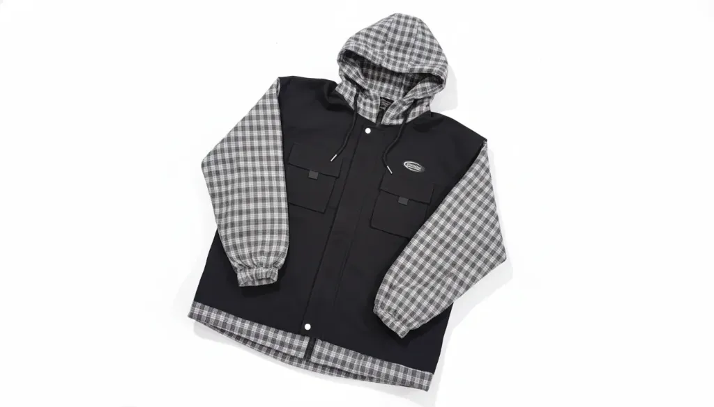 🏁 Grunge Revival: Black & Plaid Mixed-Media Jacket 🏁