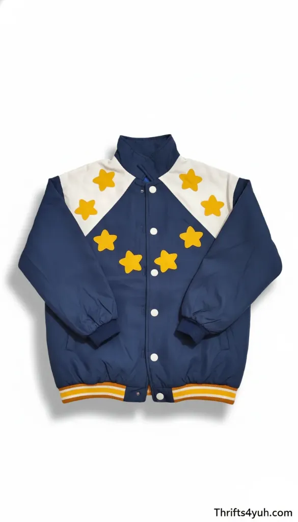 🌟 Star Power: Navy & White Varsity Bomber with Yellow Stars 🌟