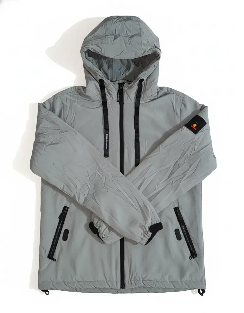 Technical Thrill: Reflective Grey Hooded Windbreaker